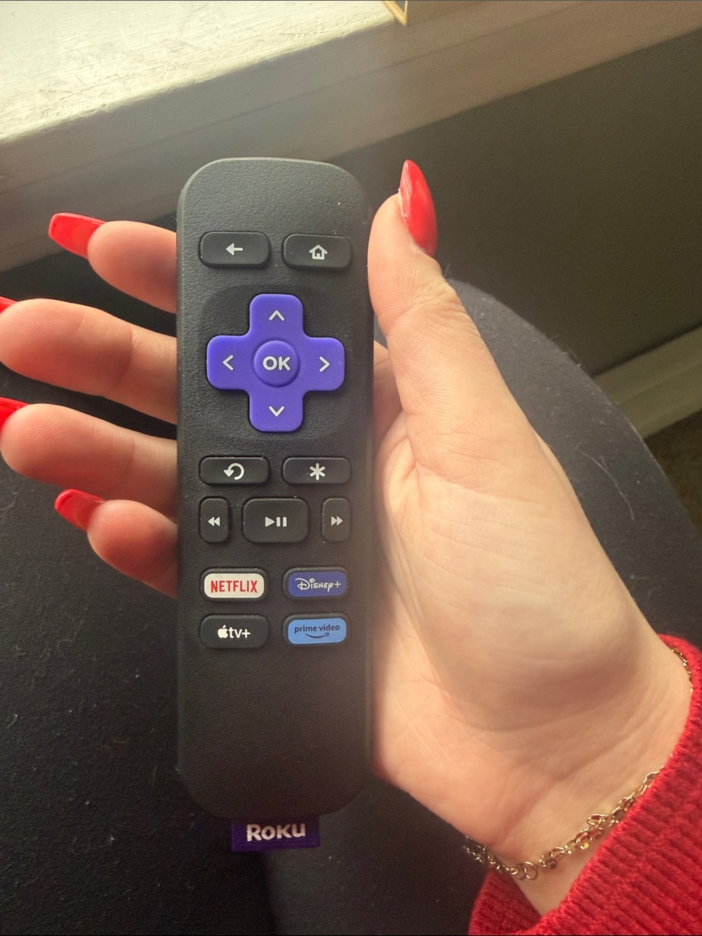 Roku Remote Control in Black with Purple D-Pad and Blue App Button- NWOT